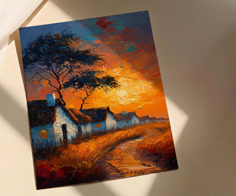 Savanna Village Wall Art, African Hut Decor - Summer Sunset Landscape