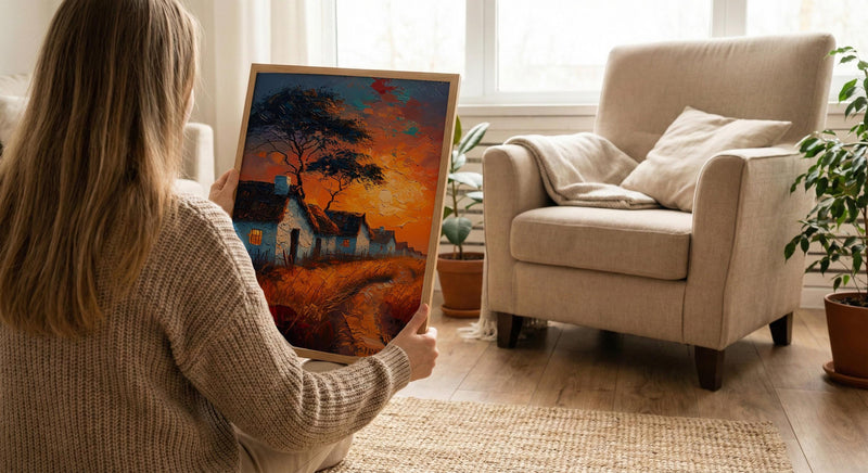 Savanna Village Wall Art, African Hut Decor - Summer Sunset Landscape