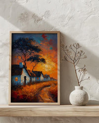 Savanna Village Wall Art, African Hut Decor - Summer Sunset Landscape