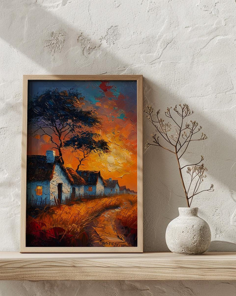 Savanna Village Wall Art, African Hut Decor - Summer Sunset Landscape