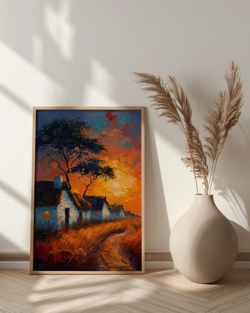 Savanna Village Wall Art, African Hut Decor - Summer Sunset Landscape