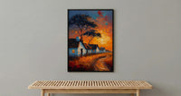 Savanna Village Wall Art, African Hut Decor - Summer Sunset Landscape