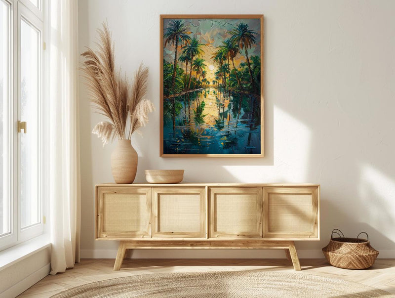 Desert Oasis Poster, Lush Palm Tree Decor - Shimmering Pool Landscape