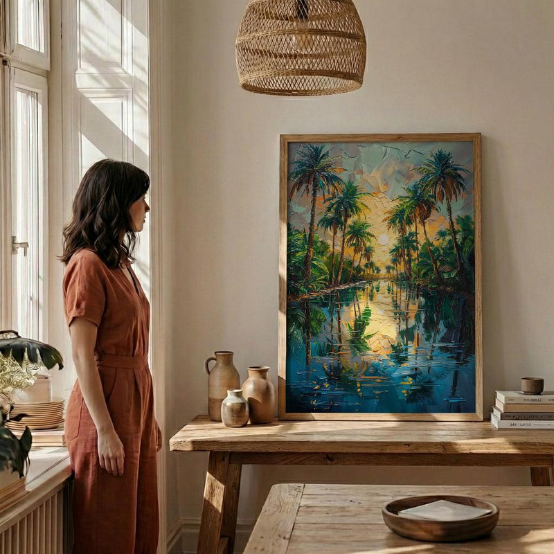 Desert Oasis Poster, Lush Palm Tree Decor - Shimmering Pool Landscape