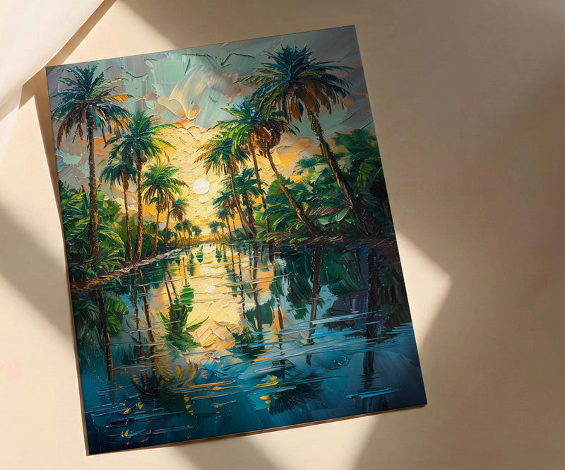 Desert Oasis Poster, Lush Palm Tree Decor - Shimmering Pool Landscape