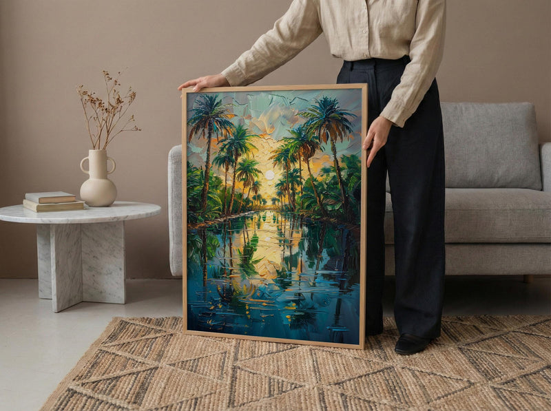 Desert Oasis Poster, Lush Palm Tree Decor - Shimmering Pool Landscape