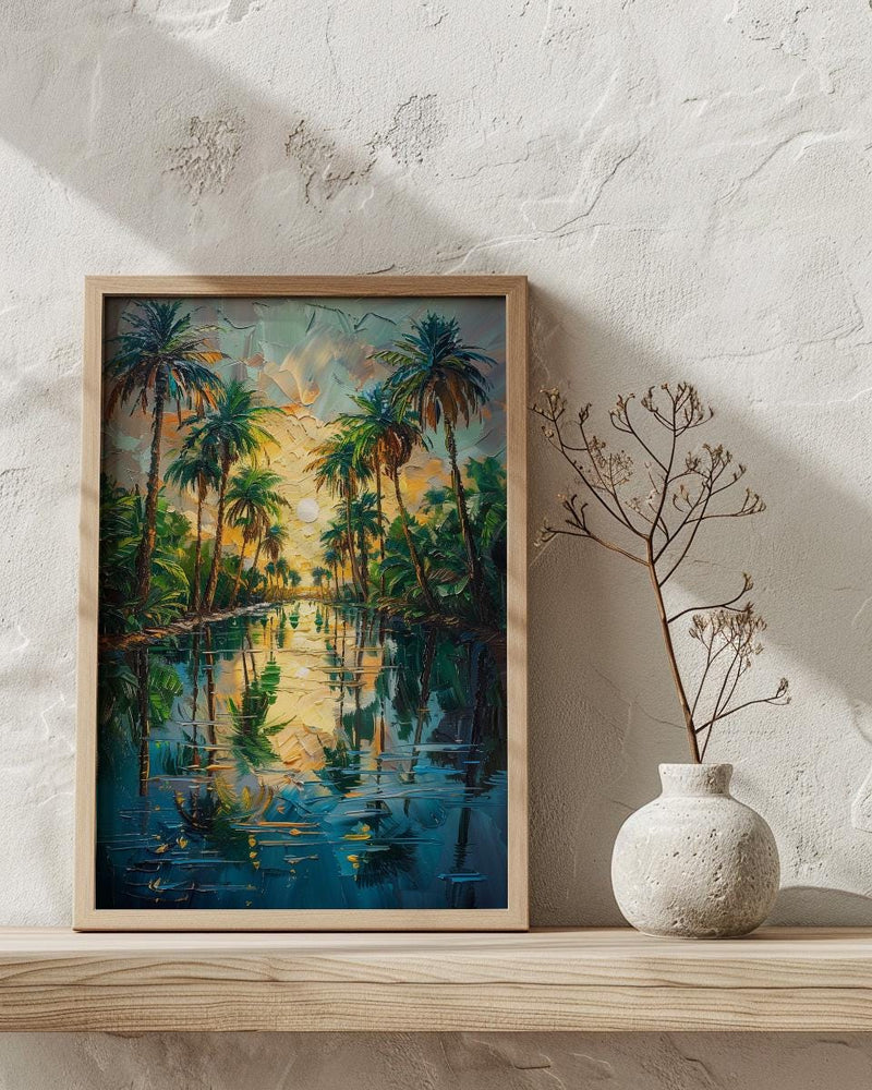 Desert Oasis Poster, Lush Palm Tree Decor - Shimmering Pool Landscape