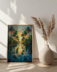 Desert Oasis Poster, Lush Palm Tree Decor - Shimmering Pool Landscape