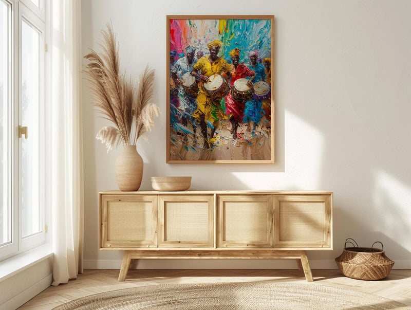 African Festival Drummers Wall Art, Colorful Summer Decor - Energetic Djembe Print
