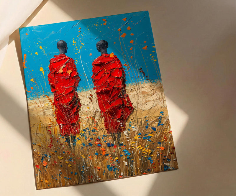 Maasai Savanna Poster, African Wildlife Decor - Red Robe Warriors Print