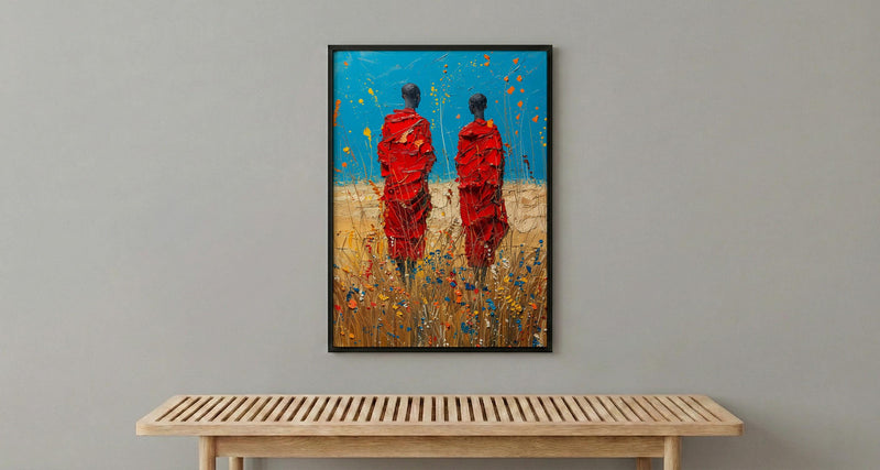 Maasai Savanna Poster, African Wildlife Decor - Red Robe Warriors Print