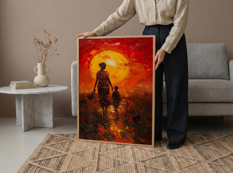 African Mother and Child Art Print, Sunset Decor - Abstract Landscape