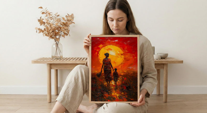 African Mother and Child Art Print, Sunset Decor - Abstract Landscape