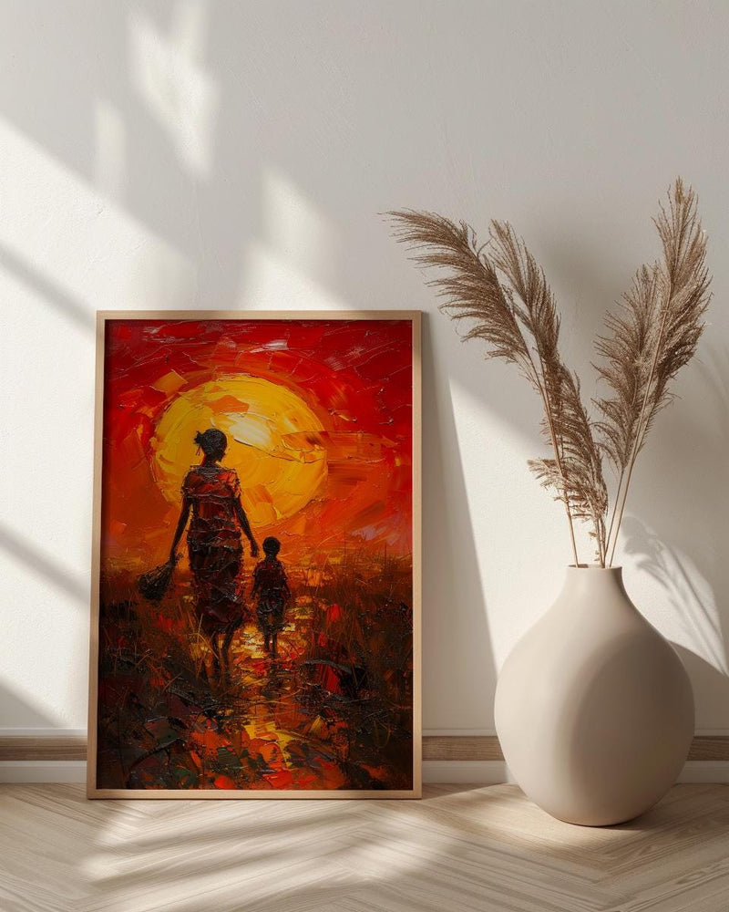 African Mother and Child Art Print, Sunset Decor - Abstract Landscape