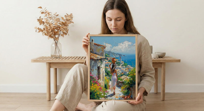 African Village Poster, Summer Wall Decor - Woman with Water Jug Art