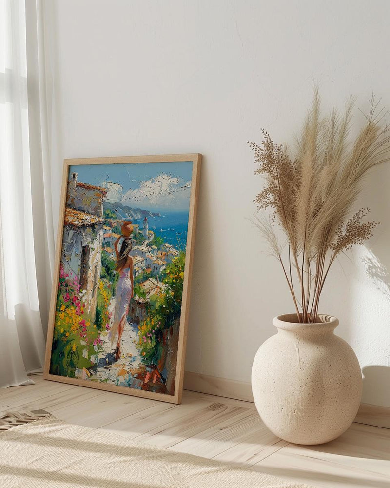African Village Poster, Summer Wall Decor - Woman with Water Jug Art