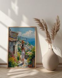 African Village Poster, Summer Wall Decor - Woman with Water Jug Art