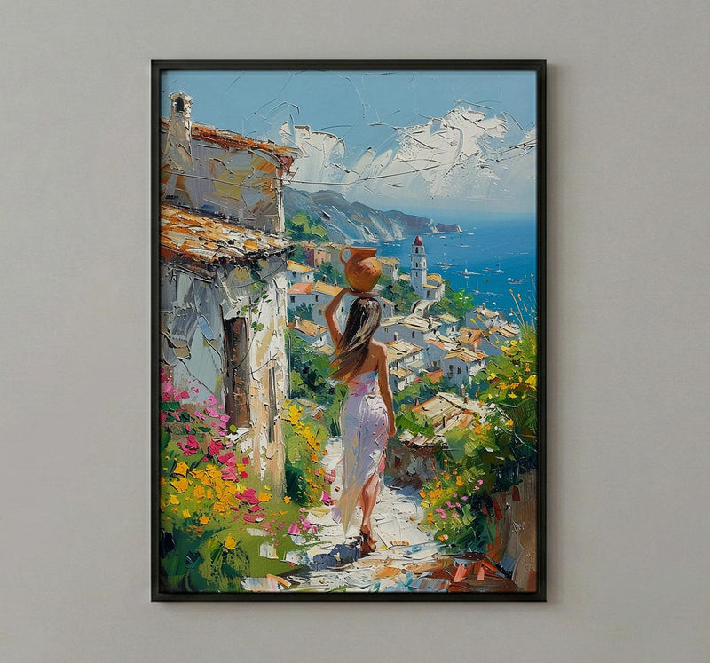 African Village Poster, Summer Wall Decor - Woman with Water Jug Art