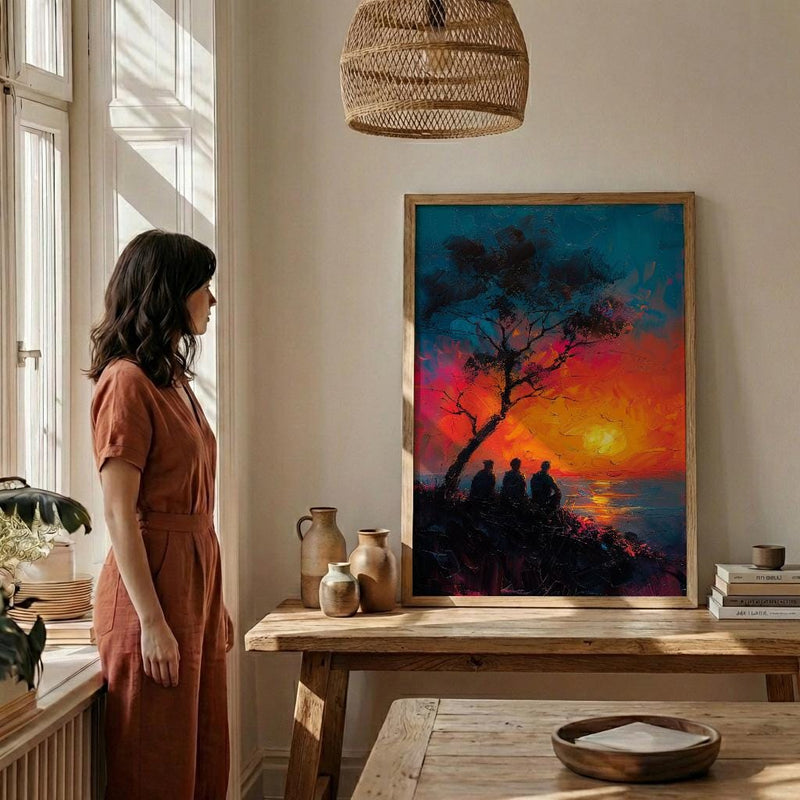African Village Wall Art, Summer Sunset Decor - Elders Acacia Tree