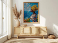 African Woman Art Print, Summer Ocean Decor - Patterned Fabric Art