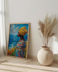 African Woman Art Print, Summer Ocean Decor - Patterned Fabric Art