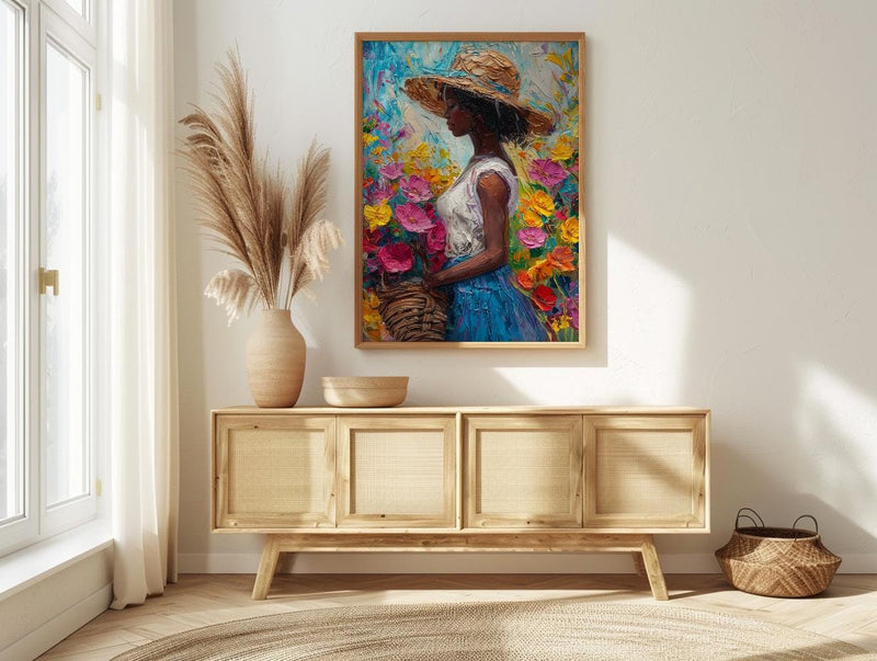 African Market Art Print, Flower Basket Decor - Summer Street Poster