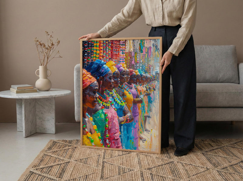 African Jewelry Wall Art, Beaded Craft Decor - Street Stall Landscape