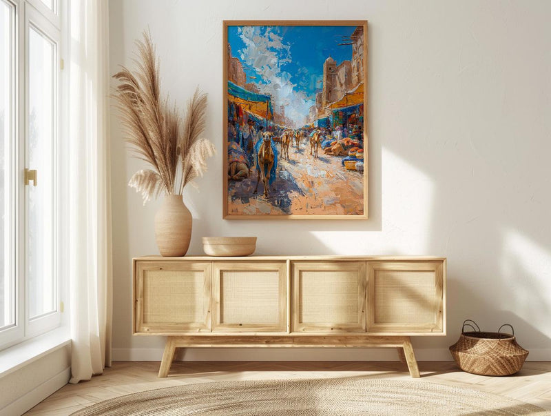 Desert Market Poster, Sahara Caravan Decor - Camel Street Landscape