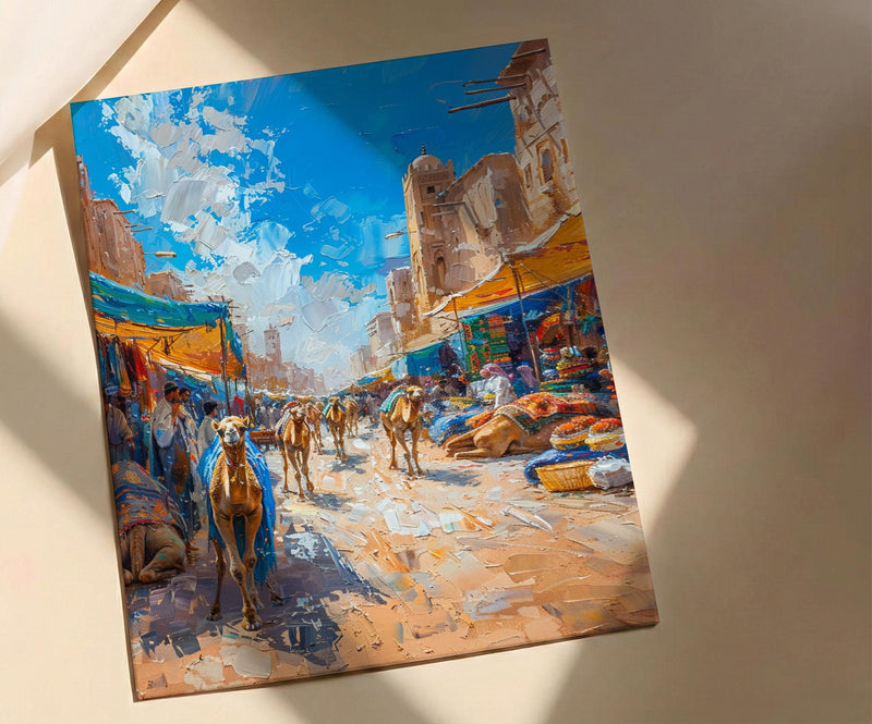 Desert Market Poster, Sahara Caravan Decor - Camel Street Landscape