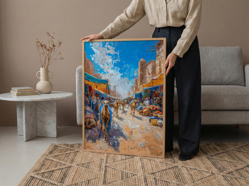 Desert Market Poster, Sahara Caravan Decor - Camel Street Landscape