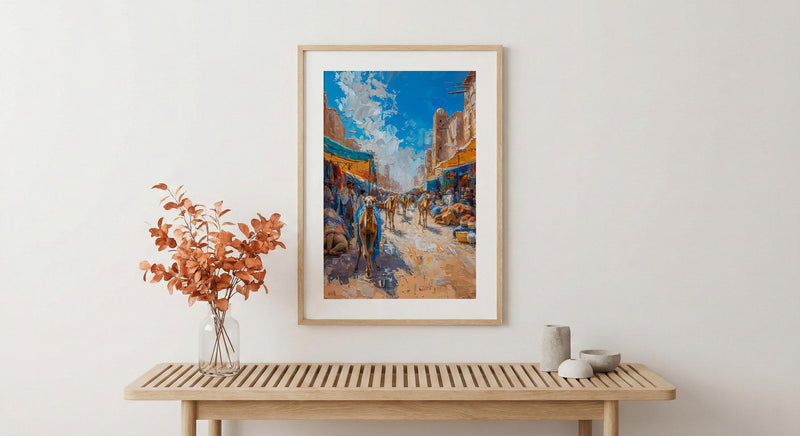 Desert Market Poster, Sahara Caravan Decor - Camel Street Landscape