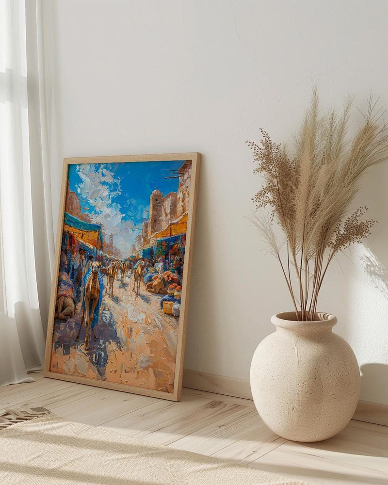 Desert Market Poster, Sahara Caravan Decor - Camel Street Landscape