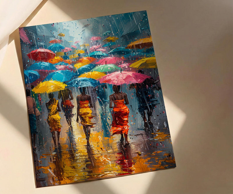 Market Rain Art Print, Summer Shower Decor - Colorful Umbrella Poster