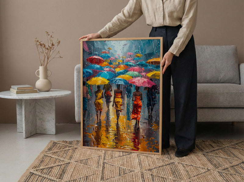 Market Rain Art Print, Summer Shower Decor - Colorful Umbrella Poster