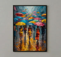 Market Rain Art Print, Summer Shower Decor - Colorful Umbrella Poster