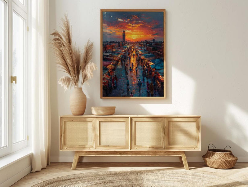 Sunset Market Poster, Rooftop View Decor - African City Landscape