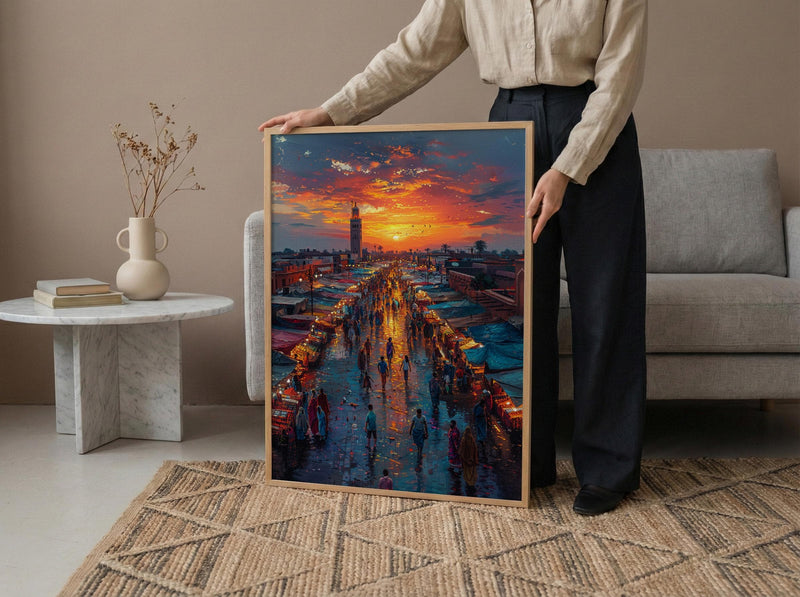 Sunset Market Poster, Rooftop View Decor - African City Landscape