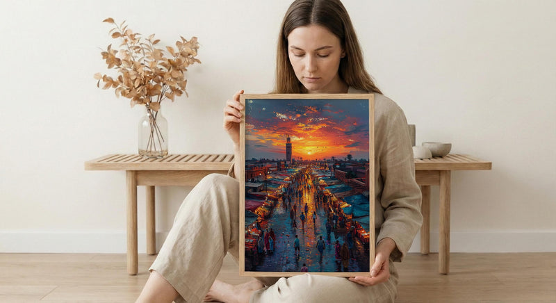 Sunset Market Poster, Rooftop View Decor - African City Landscape