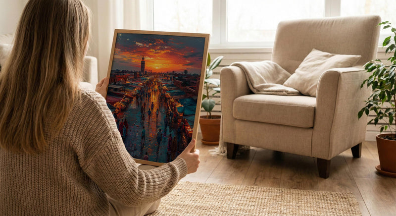 Sunset Market Poster, Rooftop View Decor - African City Landscape