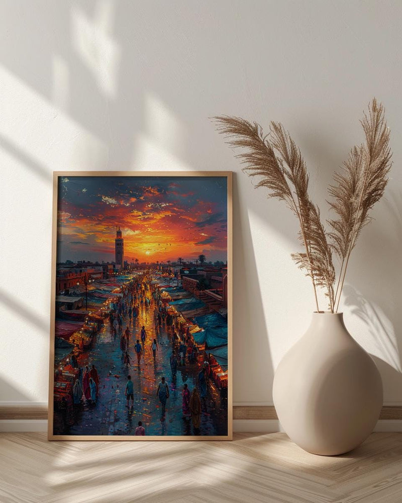 Sunset Market Poster, Rooftop View Decor - African City Landscape