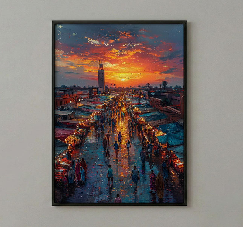 Sunset Market Poster, Rooftop View Decor - African City Landscape
