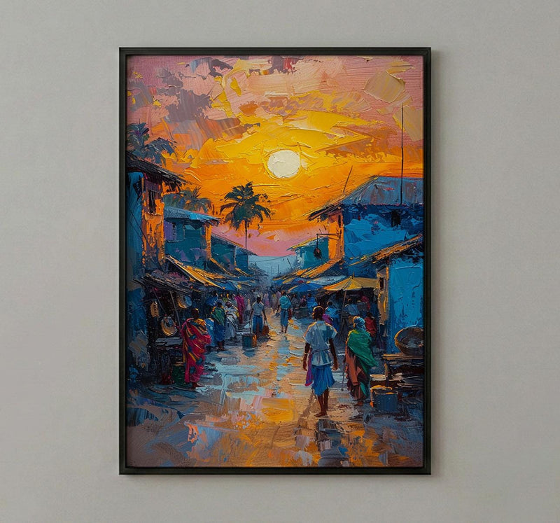 Golden Hour Market Art, African Village Decor - Sunset Street Landscape