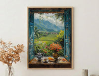 Bali Window Poster, Rice Terrace Decor - Floating Breakfast Jungle Art