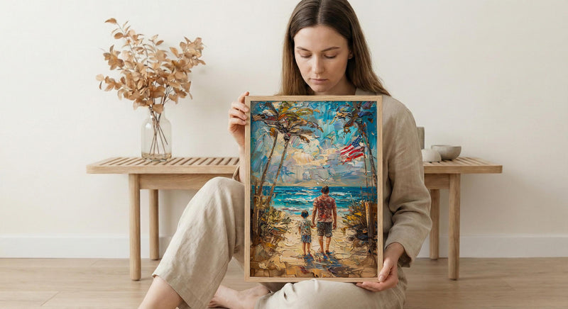 Florida Beach Poster, Father And Grandson Wall Decor - Ocean Sunset Coastal Art