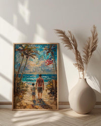 Florida Beach Poster, Father And Grandson Wall Decor - Ocean Sunset Coastal Art
