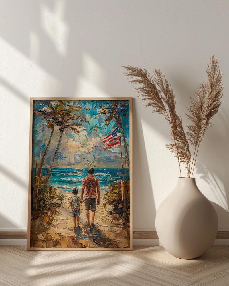 Florida Beach Poster, Father And Grandson Wall Decor - Ocean Sunset Coastal Art