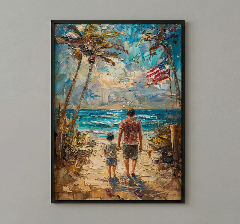 Florida Beach Poster, Father And Grandson Wall Decor - Ocean Sunset Coastal Art