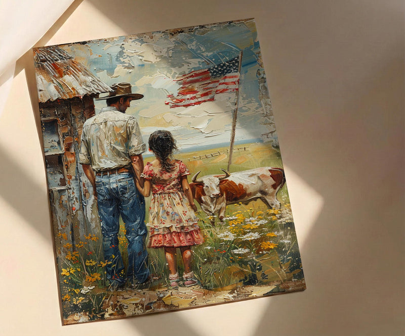 Texas Ranch Art Print, Father And Daughter Wall Decor - Rustic Americana Landscape