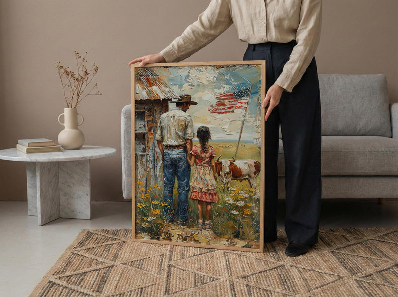 Texas Ranch Art Print, Father And Daughter Wall Decor - Rustic Americana Landscape
