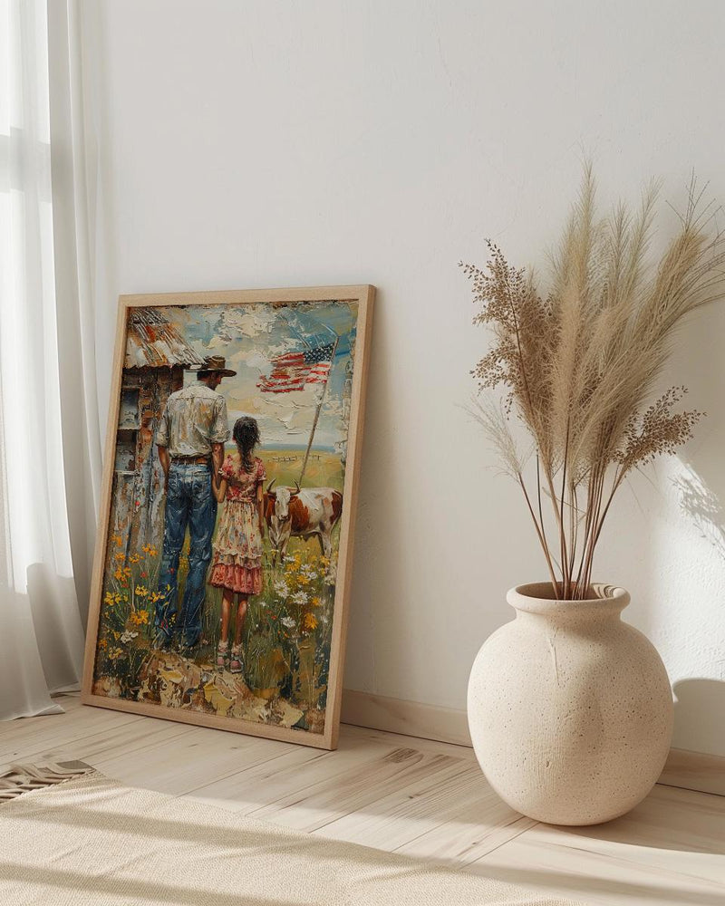 Texas Ranch Art Print, Father And Daughter Wall Decor - Rustic Americana Landscape